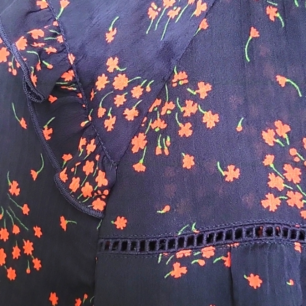 Ann Taylor Navy Blue Floral Teired Ruffle Sleeves and Tie Neckline size … - Picture 3 of 9